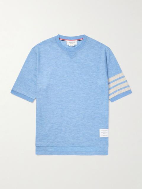 Logo-Appliquéd Striped Wool-Jersey Polo Shirt Blue