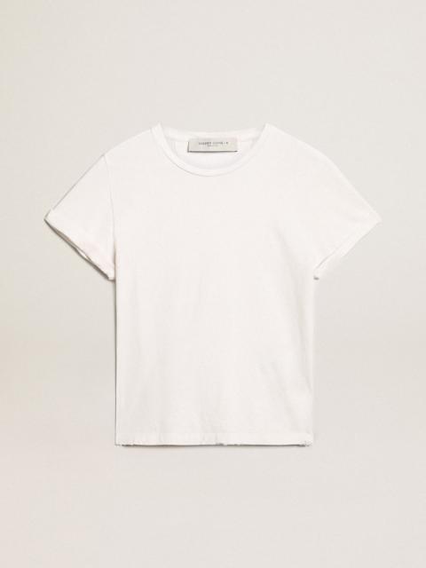 Women's white T-shirt with distressed treatment