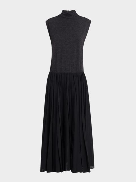 Mixed-Media Pleated Gauze Midi T-Shirt Dress