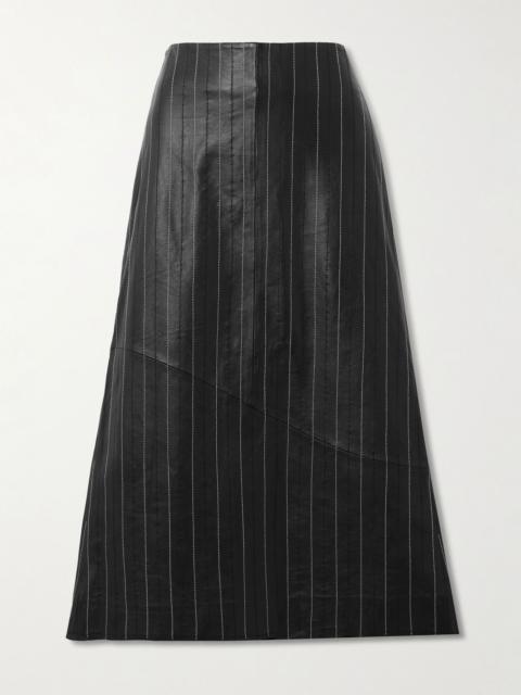 Paneled embroidered pinstriped leather midi skirt Black