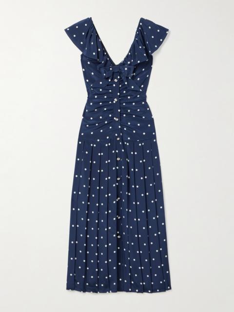 Pleated Gathered Polka-dot Silk Crepe De Chine Midi Dress