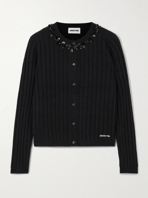 Embellished Embroidered Ribbed Wool-blend Cardigan