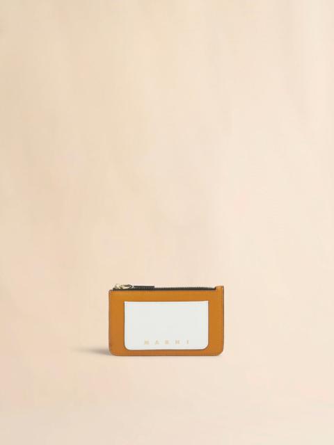 BROWN WHITE AND MUSTARD LEATHER ZIP CARDHOLDER