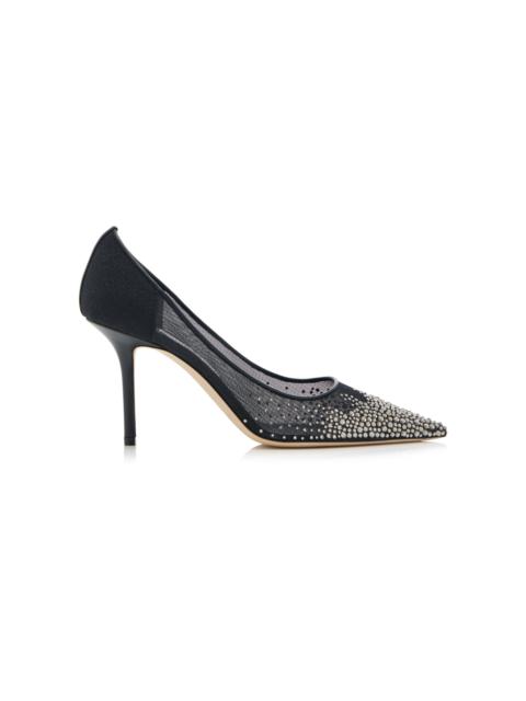 Love Crystal-Embellished Mesh Pumps black