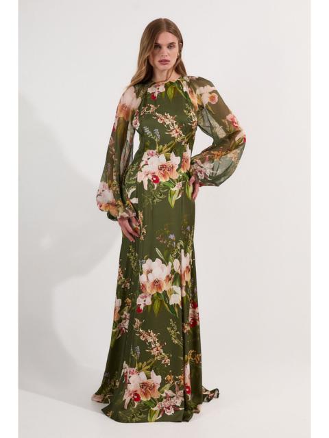 Garden Floral Viscose Georgette Satin Mix Maxi Dress