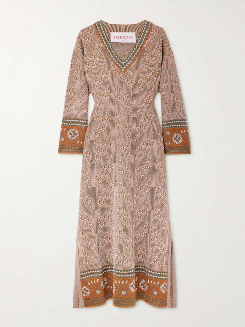 Metallic intarsia-knit midi dress Brown