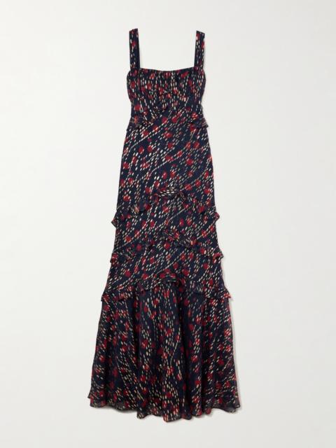 Chandra Ruffled Ruched Metallic Fil Coupé Silk-blend Maxi Dress