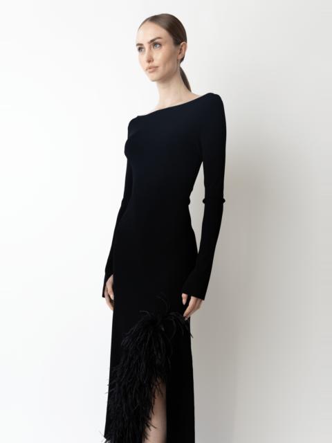 Matte Viscose Boatneck Dress With Feathers