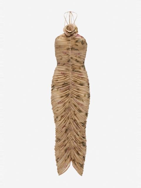 Ruched halterneck flower dress in beige floral print