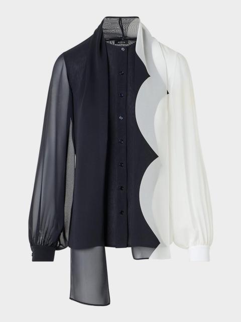 Colorblock Silk Crepe Scarf Blouse