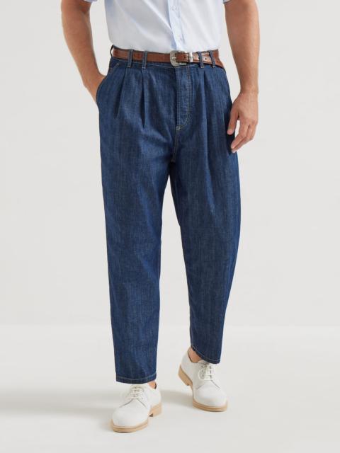 Lightweight denim iconic fit five-pocket trousers with double pleats