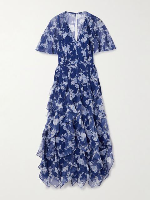 Cape-effect ruffled floral-print silk-crepon midi dress Bright blue