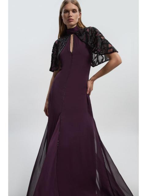 Petite Crystal Embellished Cutwork Cape Detail Woven Maxi Dress