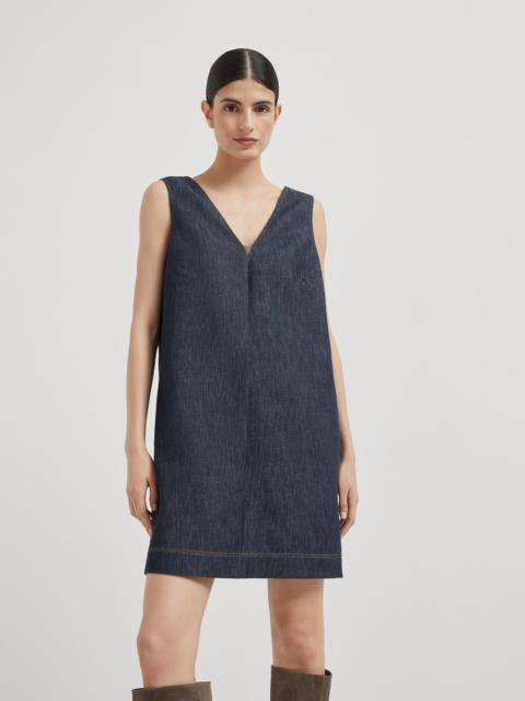 Cotton denim-effect twill mini dress with monili