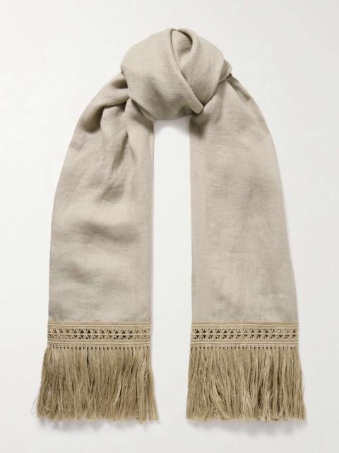 Grammo fringed macramé-trimmed linen scarf Beige