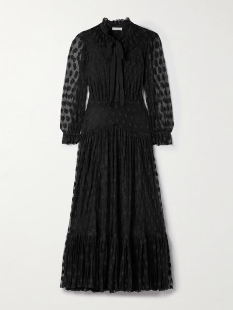 Carla Tie-neck Ruffled Fil Coupé Mesh Maxi Dress