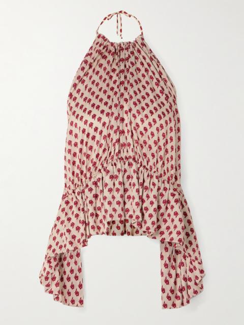 Dhalia Gathered Printed Satin Halterneck Peplum Top