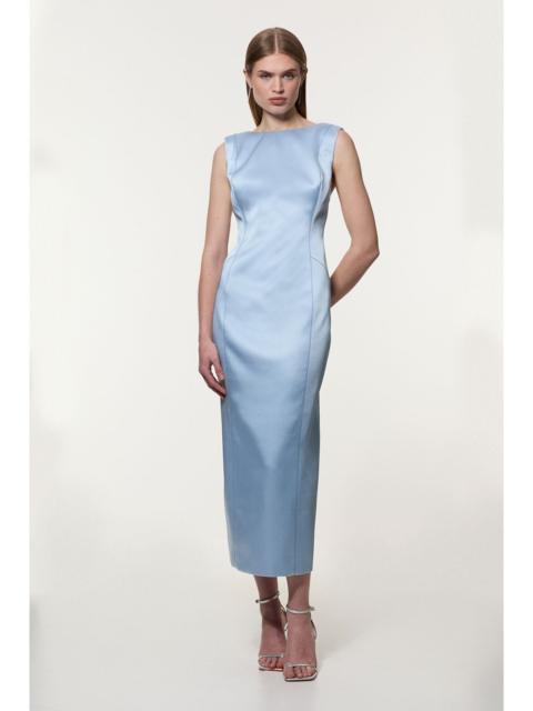 Structured Viscose Satin Stitch Detail Tailored Pencil Maxi Dress