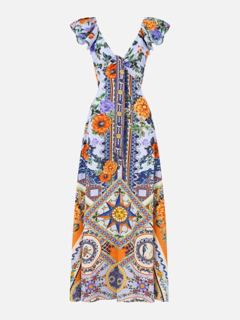 TIE FRONT FRILL SLEEVE LONG DRESS