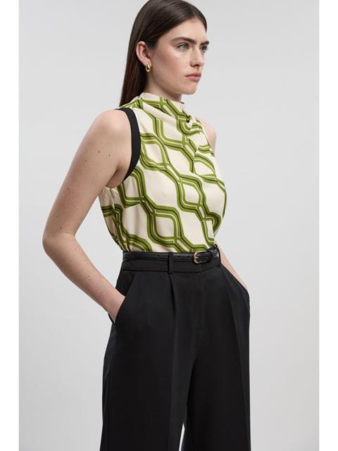 Geo Print Cowl Neck Sleeveless Crepe Woven Blouse