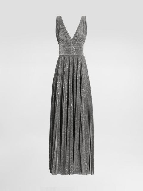 Long pleated dress with micro-sequin embellishment