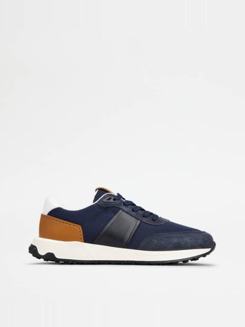 SNEAKERS IN LEATHER AND TECHNICAL FABRIC - WHITE, BLUE, BROWN