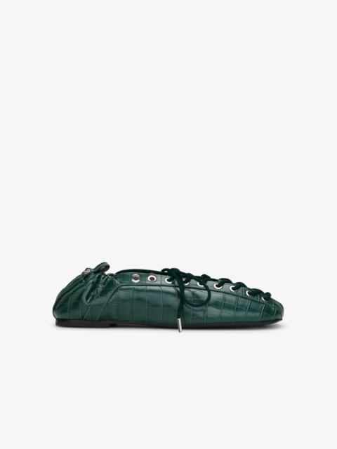 GREEN CROC-EMBOSSED LACE-UP FLATS