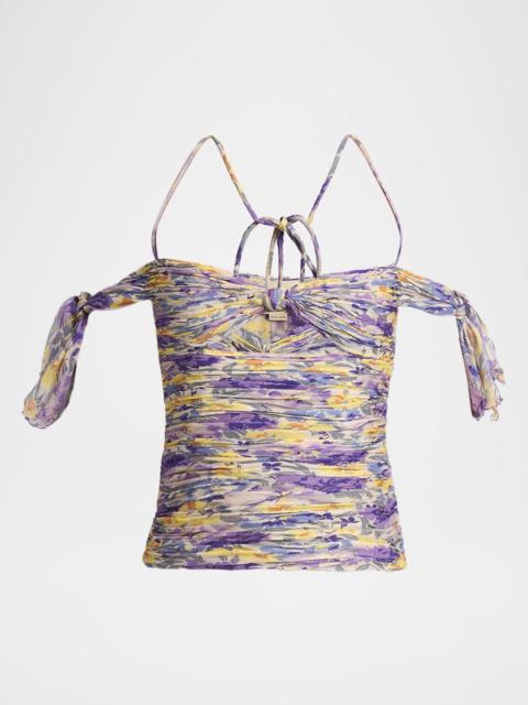 Off-The-Shoulder Ruched Floral Silk Cutout Top