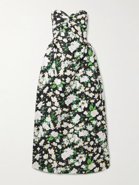 Strapless Twist-front Floral-print Taffeta Maxi Dress