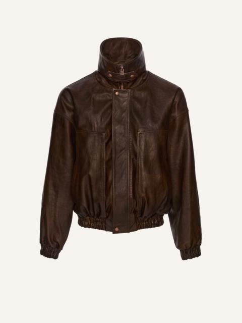 Snap-collar leather aviator jacket in brown
