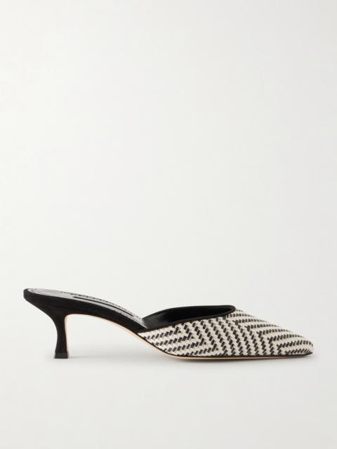Carolyne 50 Suede-trimmed Metallic Woven Raffia Mules