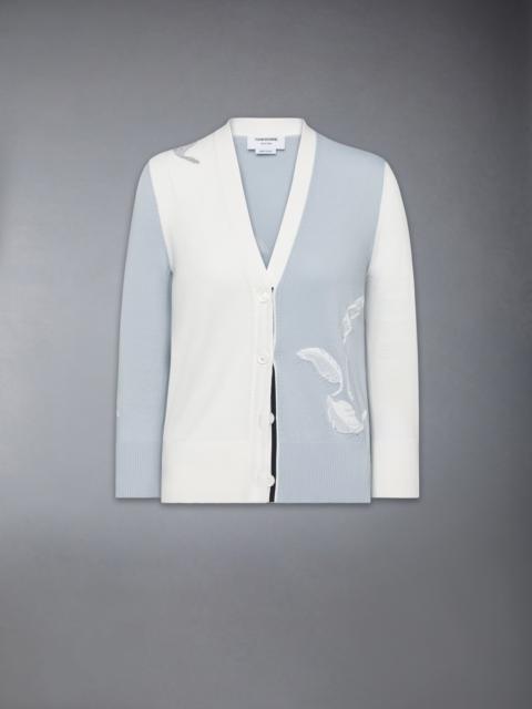 FUNMIX FEATHER INTARSIA POINTELLE RELAXED FIT V NECK CARDIGAN