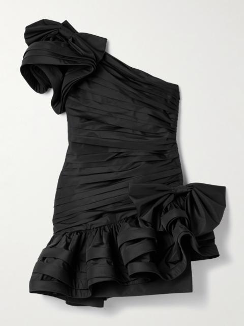 One-shoulder Bow-embellished Ruched Taffeta Mini Dress