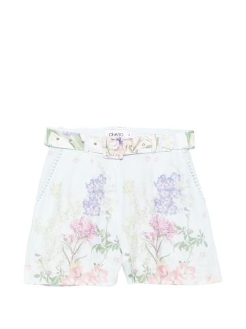 Pansy floral-print belt shorts