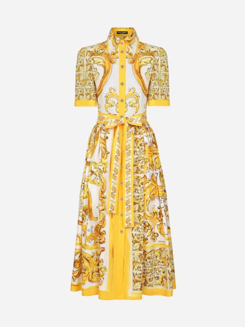 Cotton poplin midi shirt dress with majolica print