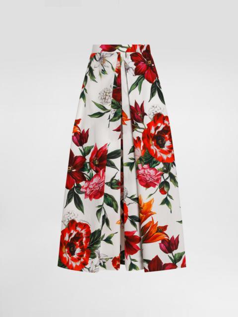 Flower-print pleated poplin skirt