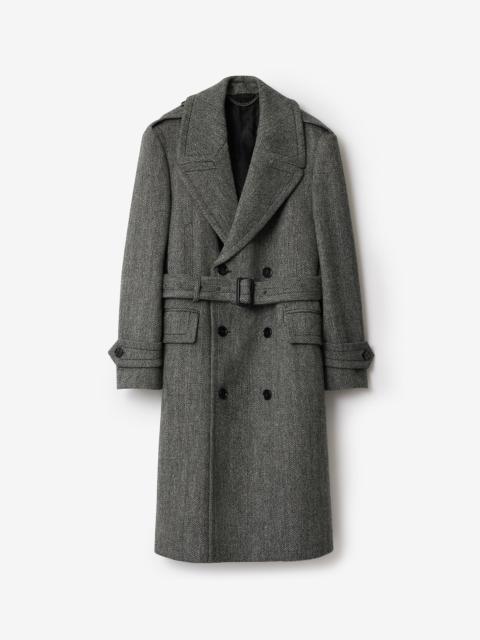 Long Herringbone Wool Trench Coat