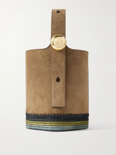 + Paula's Ibiza Pebble mini striped raffia-trimmed suede tote Brown