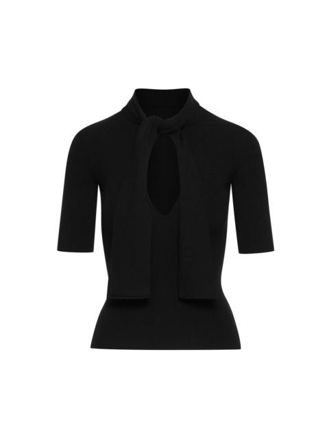 TIE-NECK RIBBED PULLOVER