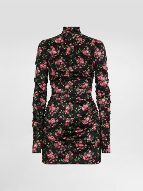 Small rose bouquets-print long satin dress