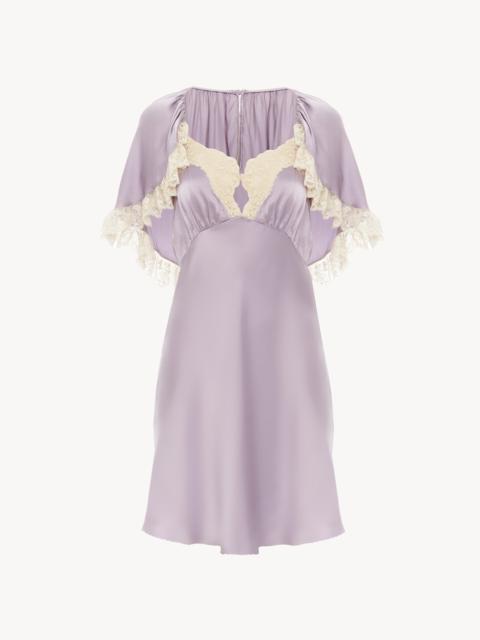 MINI CAPE DRESS IN WASHED SILK SATIN & LACE