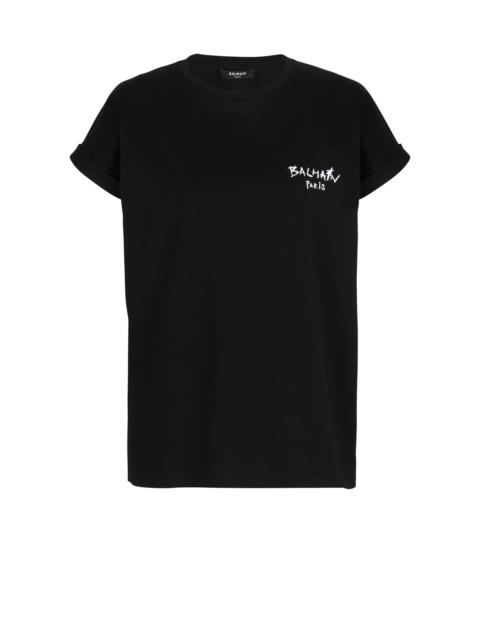 Cotton T-shirt with small flocked graffiti Balmain logo