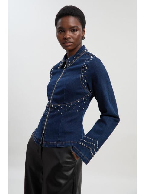 Denim Placed Stud Zip Through Collared Jacket