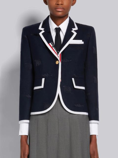 Navy Cotton Canvas Grosgrain Tipping Bear and Salmon Half Drop Embroidery High Armhole Sport Coat