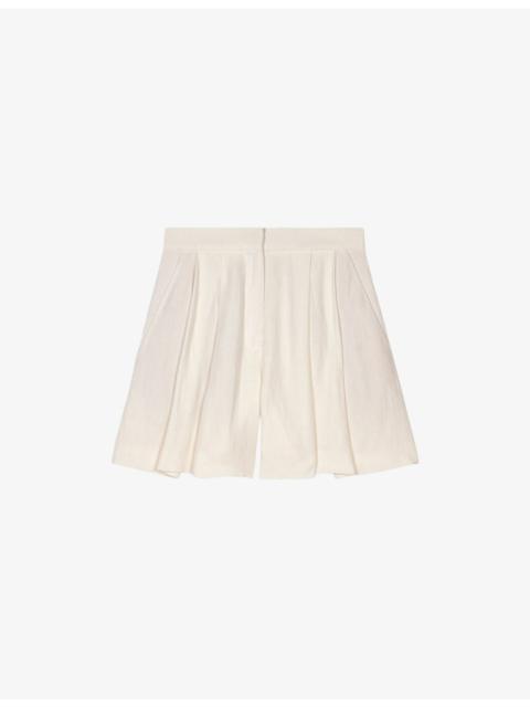 Wide-Leg High-Rise Pleated Linen-Blend Shorts
