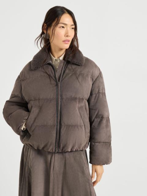 Suede down jacket with merino shearling collar and shiny trims