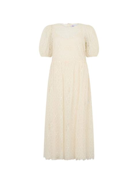 puff-sleeve floral midi dress