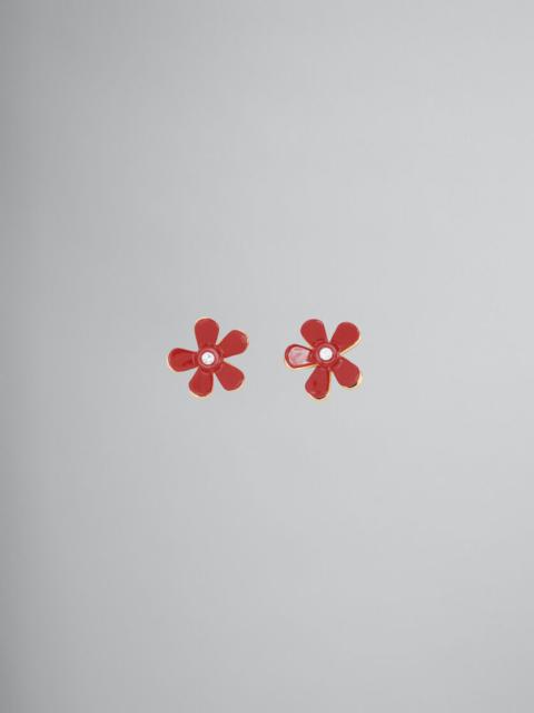 RED ENAMELED METAL FLOWER POP EARRINGS