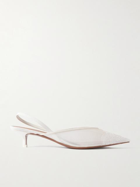 Irena Satin And Lace-trimmed Mesh Slingback Pumps