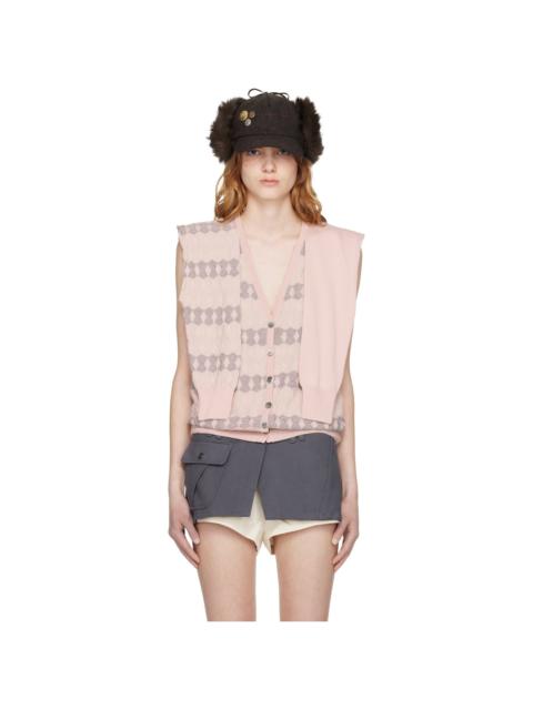 Pink Jacquard Sleeve Layered Cardigan Vest